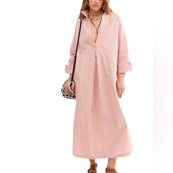 Free People Eva Long Sleeve Cotton Maxi Midi Pullover Shirt Dress Size Small - Picture 1 of 11
